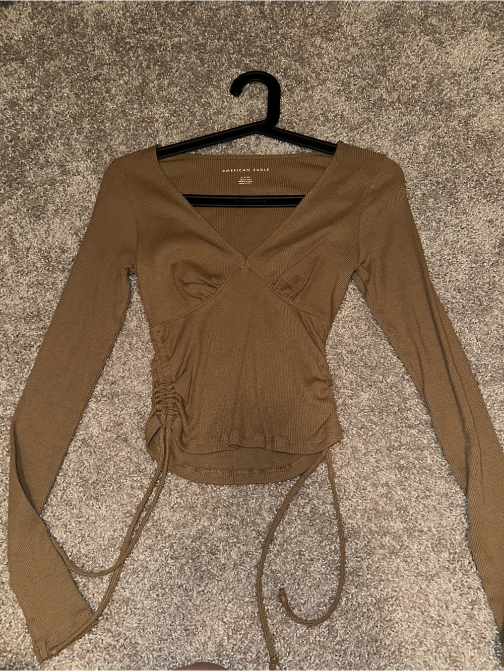 American Eagle Outfitters Olive-Brown Long Sleeve Ruched V-Neck Top